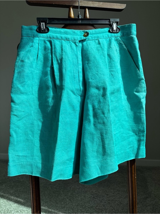 Jennifer Moore Pants - Vintage Jennifer Moore Linen Shorts Teal Green High Waist L Pleated 90s Resort